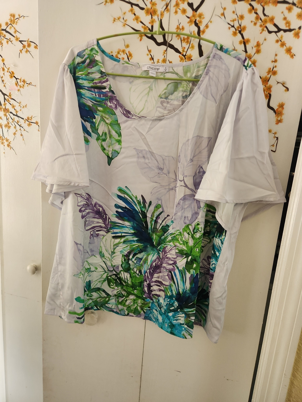 Chico's White Blouse with Green and Purple Botanical Print